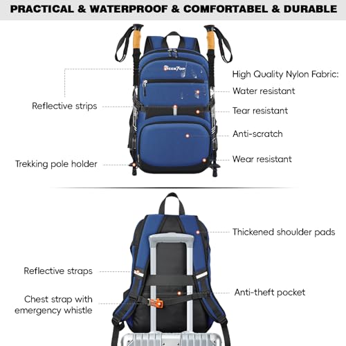 Seektop 40L Hiking Backpack Foldable Daypack for Women Men, Lightweight Travel Backpack Carry on Flight Approved Work Business Leisure Bag (Blue)