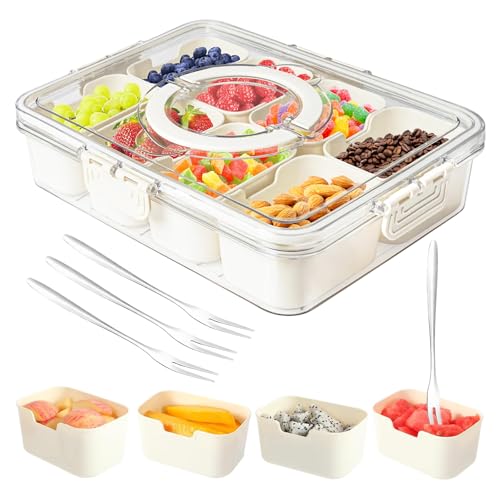 Divided Serving Tray with Lid and Handle,Snackle box Charcuterie Container for Portable Snack Platters,8 Compartments & 4 Forks Clear Storage Organizer for Fruit,Candy,Nuts & Veggie,for Party,Picnic