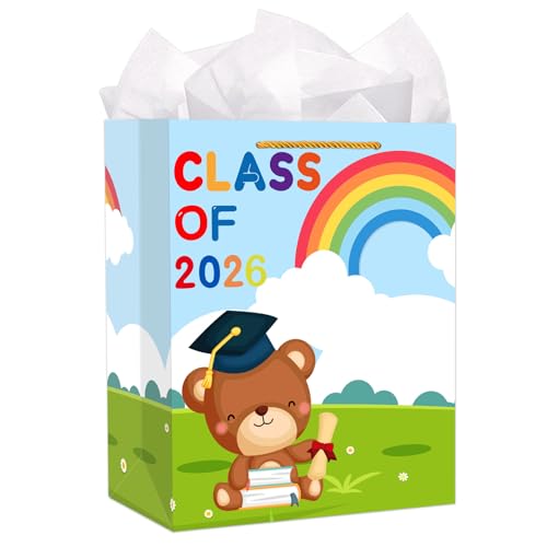 D24TIME Preschool Graduation Gift Bag - 11.5'' Class of 2026 Kindergarten Gift Bag with Handle and Tissue Paper for Kids Congratulations Preschool Graduation Wrapping Paper Bags for Pre k Girls Boys