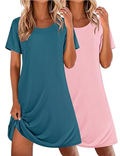 Image of Ekouaer 2 Pack Nightgowns for Women Sleepshirt Short Sleeve Night Shirts