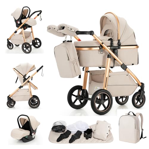 Zkipm - Cochecito 3 en 1, sistema de viaje, cochecito con asiento, cochecito plegable y modulable, marco de aleación de aluminio, adecuado para bebés de 0 a 4 años Biege