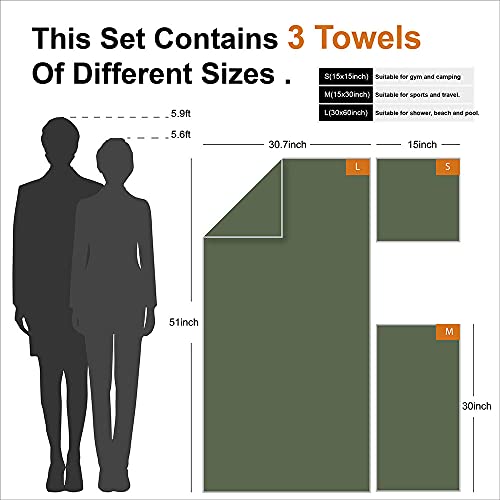 4Monster 3 Size Microfiber Camping Towels At 1 Pack,Fast Drying Beach Travel Towel Ultra Compact,Ultra Soft Gym Towel For Beach Hiking Yoga Travel Sports Backpacking Trip And Pool (Army Green) #TOP2