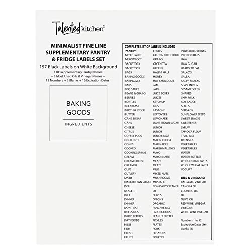 Talented Kitchen 157 Pantry Organization Labels For Food Storage Containers, Preprinted Black All Caps On Matte White Vinyl Stickers + Numbers For Minimalist Style Kitchen (Water Resistant) #TOP3