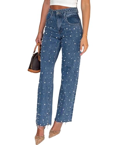 Sexyshine Women's High Waisted Pearl Jeans Beaded Baggy Straight Wide Leg Raw Edge Stretchy Denim Pants