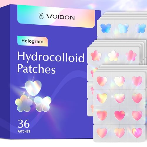 Voibon Hologram Pimple Patches for Face, Cute Hydrocolloid Acne Patches, Salicylic Acid & Tea Tree Colorful Heart Spot Stickers,Zits & Blemish, Blue Pink Butterfly Flower,Zit Patches,12MM(36 Count)