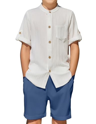 Image of Arshiner Boy's 2 Piece Beach Outfit Short Sleeve Textured Button Down Shirt and Short Sets Summer Vacation Wear 4-12 Years