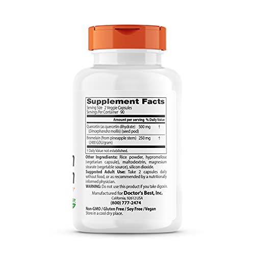 Doctor's Best Quercetin Bromelain, Immunity Support, Heart, Joint & Healthy Respiratory System, Non-Gmo, Vegan, Gluten Free, Soy Free,180 Vc #TOP1