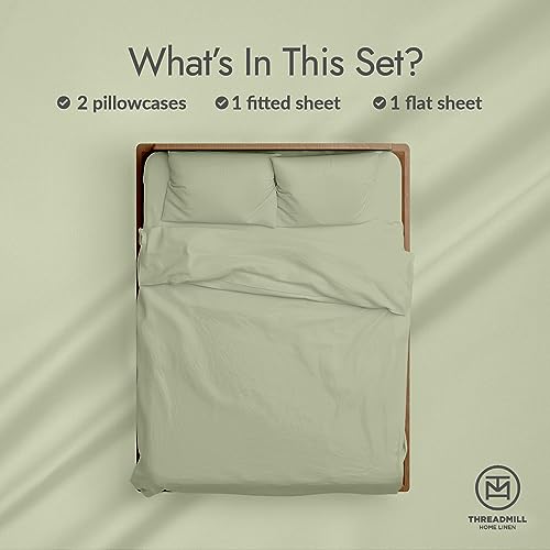 Threadmill Luxury Organic Cotton Sheets - GOTS Certified 4 Piece King Sage Green Percale Sheets Set, Breathable, Premium Sheet Set - Smooth & Cool Bedding Perfect Elastic Deep Pocket Fit