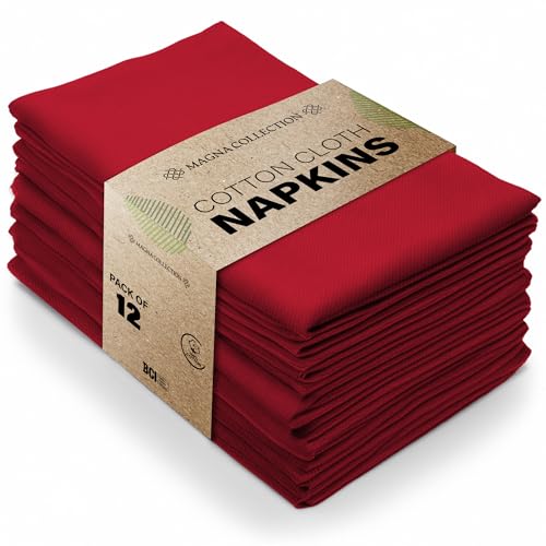 Magna Collection Cotton Red Cloth Napkins Set of 12 (46 x 46 cm) 100% Cotton Hotel Quality Soft Durable and Reusable Red christmas napkins cloth
