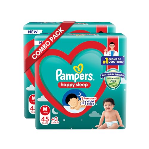 Image of Pampers Happy Sleep Pant Style Baby Diapers, Medium (M), 50 Count, 1 Pampers : 1 Night Sleep, with Anti Rash Shield, 7-12 Kg Diapers (Pack of 2)