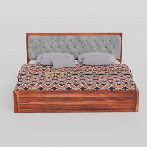 Image of Solid Sheesham Wood Queen Size Bed with Box Storage | Grey Upholstered Cushion Headboard | Wooden Double Bed for Bedroom | Palang /Cot /Mancham, Honey Finish