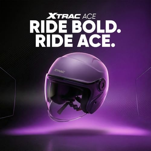 Image of Xtrac Ace ISI Certified Open Face Helmet for Men & Women | Half Face Bike Helmet with Scratch-Resistant Clear Visor | Lightweight ABS Shell | Quick Release Buckle | Purple - M