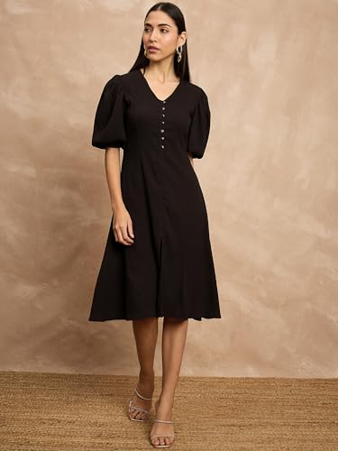 Image of Amazon Brand - INKAST Women A-Line Midi Dress | Puff Sleeves | Perfect for Casual and Semi-Formal Occasions