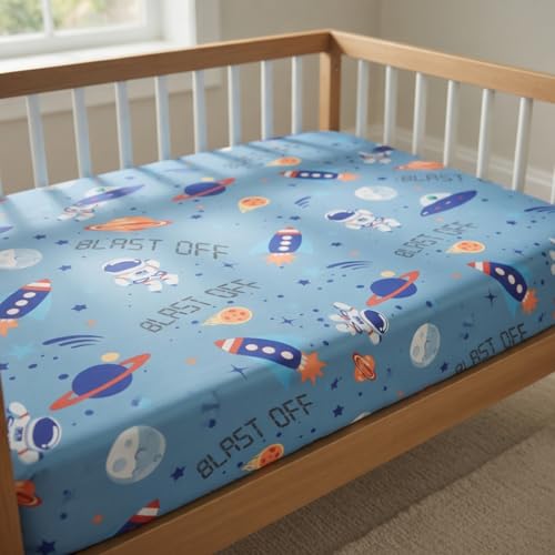 Image of Baby Boy Fitted Crib Sheet Outerspace Adventures, 100% Soft Breathable Microfiber Baby Sheet, Fits Standard Size Crib Mattress 28in x 52in, Nursery Sheet