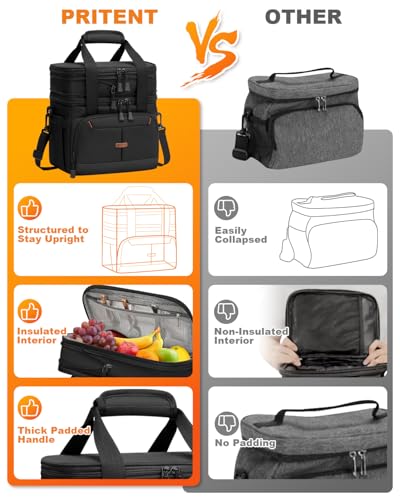Pritent Lunch Box For Men Women Double Deck Insulated Lunch Bag For Men Woman Leakproof Expandable Cooler Bag with Adjustable Shoulder Strap for Work Picnic School(Black,Medium)