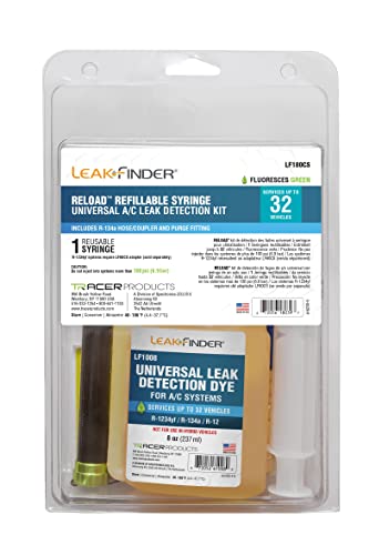 LEAKFINDER LF180CS Reload Air Conditioner Refrigerant Leak Detection Refillable Syringe Kit - 8oz AC Leak Detector Dye, Reusable Syringe Injector, R134A Hose Coupler, Made in USA