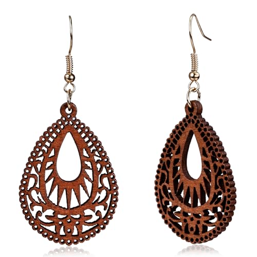 Vintage Boho Wooden Earrings for Women Handmade African Teardrop Wood Dangle Earrings Lightweight Hollow Bohemian Jewelry