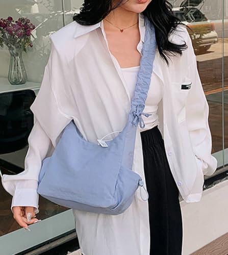 Women Tote Bags Casual Solid Crossbody Armpit Bag Nylon Shoulder Handbag Pleated Drawstrings Crossbody Purse4