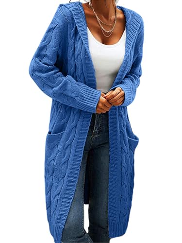 Image of Bwogeeya Women Hooded Long Cardigan Cable Knit Open Front Sweaters Solid Color Chunky Sweater Coats