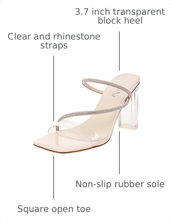 Image of vivianly Womens Square Toe Clear Rhinestone Strappy Heeled Sandals Transparent Block High Heels Slides Slipper Wedding Dress