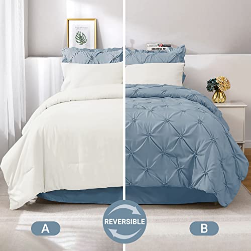 JOLLYVOGUE King Size Comforter Set 7 Pieces, Light Blue/Ivory Bed in a Bag Comforter Set for Bedroom, Beddding Sets with Comforter, Sheets,Ruffled Shams & Pillowcases