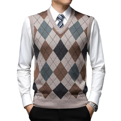 Men’S Fashion Designer Argyle Diamond V-Neck Sweater Vest Wool Blend Sleeveless Casual Pullover Tank Top