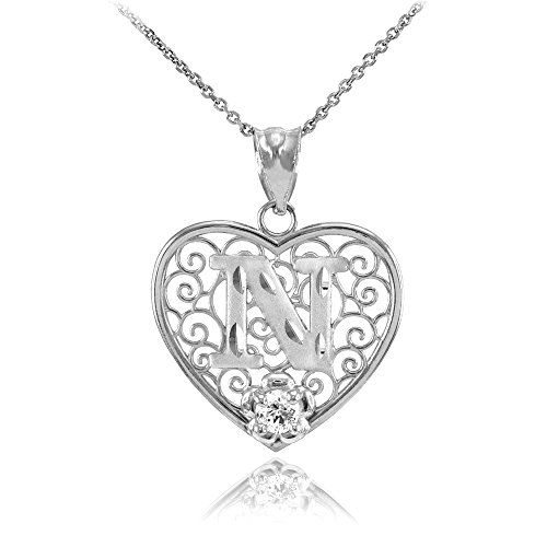 10k White Gold Filigree Heart with CZ Flower Initial Letter N Pendant Necklace, 16