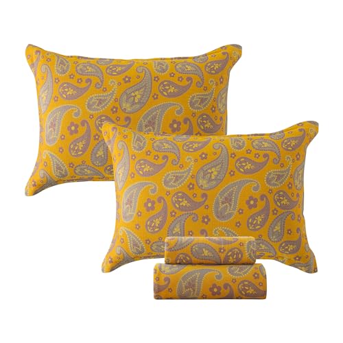 Image of FADFAY Paisley Sheets Set King Vintage Yellow Grey Floral Bedding Shabby Farmhouse Bedding Super Soft Washed Double -Layer Muslin Sheets Luxury 100% Cotton Deep Pocket Fitted Sheet 4Pcs, King Size