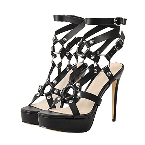 VERISSON Women's Grommets Stiletto Sandals Platform Open-back High Heels Cross Bands Open Toe Buckle-up Ankle Sandals Party Dressing3
