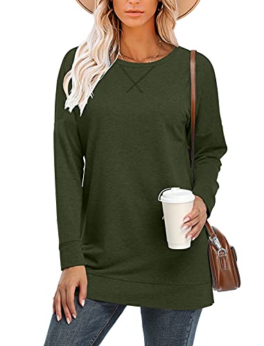Bette Boutik Plain Tunic Shirts Drop Sleeve Tshirt Long Womens Hoodie Sweatshirt Side Slit Tunic For Women Crewneck Sweatshirts For Women Army Green Large #TOP1