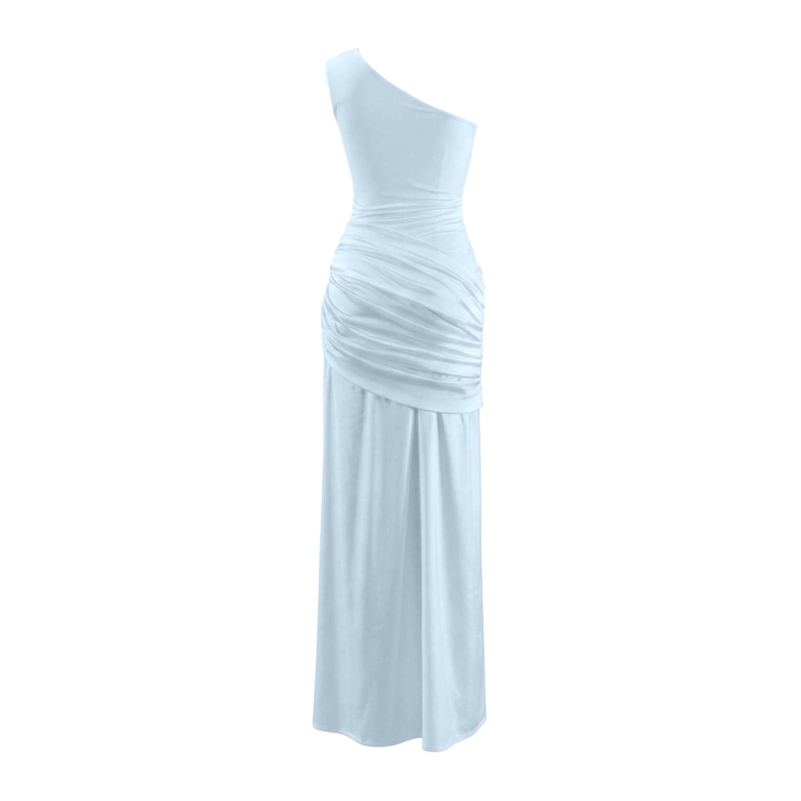 Robe midi Moulante asymétrique en Satin froncée à épaules dénudées pour Femme, Coupe ajustée, idéale pour Une soirée élégante.