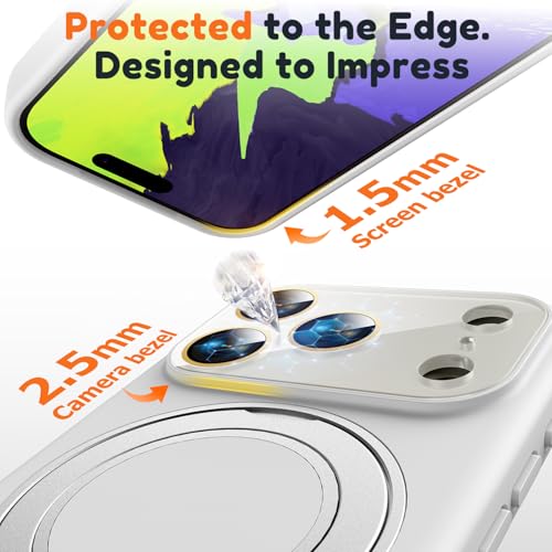 Image of Silicone 360 Spin Magnetic Stand Case for iPhone 17 Pro, [Compatible with Mag-Safe][Reinforced Hard Camera Protection] Liquid Silicone Rubber Phone Case Cover with Ring, Camera Button, White