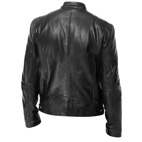 Men Faux Leather Zip Up Jacket Stand Collar Leather Motorcycle Jacket Lightweight Bomber Outwear PU Coat with Pockets2