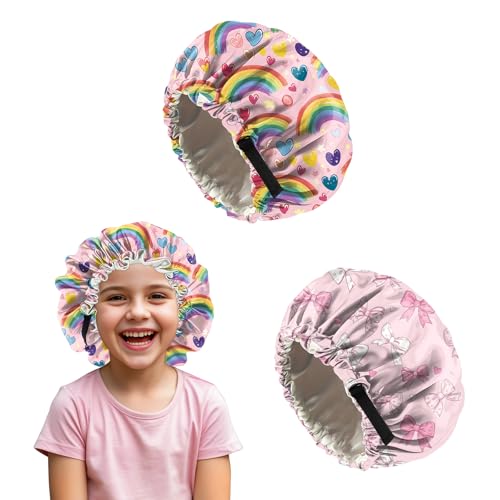2 PCS Kids Bonnets for Girls Boys Satin Hair Bonnet Adjustable Double Layer Silk Child Night Sleeping Cap Cute-Bowknot