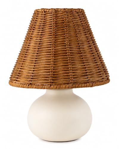 ora bamboo 11' Small Table Lamp &ndash; Handmade Ceramic Cream Base with Wicker Rattan...