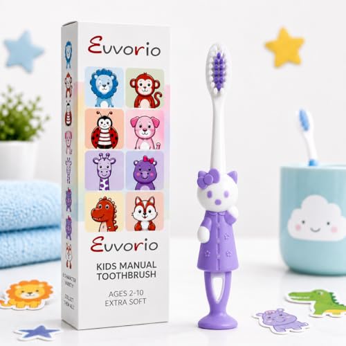 Image of Evvorio Toothbrush for Kids with Ultra Soft Bristles for Oral Cleaning, Suitable For 2-12 Years Toddlers, Cat Design, Purple, Pack of 1