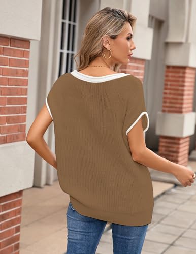 Image of Libsorge Womens Oversized Lightweight Cute Striped Sweater Vest Spring 2025 Crewneck Hollow Out Thin Cap Sleeve Knit Top