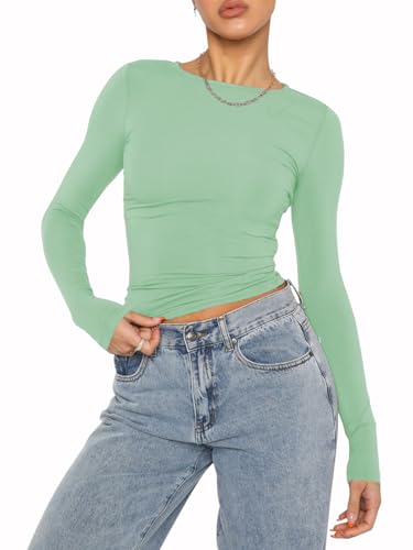 OYIGELZ Camicia a maniche lunghe da donna Basic T-Shirt Crop Top Y2K Slim Fit Casual Tee Top, Verde chiaro-D, L