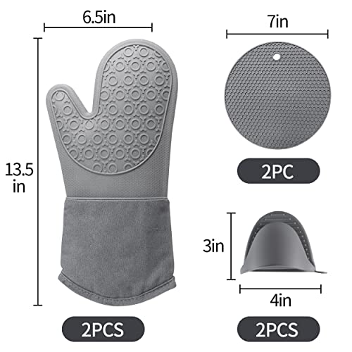 Bgfox Extra Long Oven Mitts And Pot Holders Sets, Heat Resistant Silicone Oven Mittens, Oven Gloves Sets With Soft Lining Good Grip, Hot Pads For Kitchen Baking Cooking, Pack Of 6, Gray #TOP2