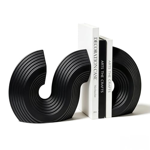 Modern Abstract S-Shaped Ceramic Bookends, Heavy Duty Matte Black Book Stoppers for Heavy Books, Decorative Geometric Book Ends for Shelves, Minimalist Aesthetic Home & Office Decor (Set of 2)