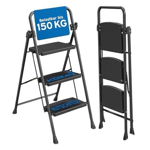 kör4u Trittleiter 3 Stufen - 150 kg belastbar - Standhöhe ca. 75 cm, klappbar, rutschfeste Stufen, Stahlrahmen, Haushaltsleiter, schwarz