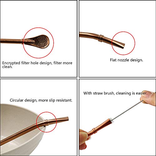Yerba Mate Bombilla, Stainless Steel Drinking Straws with Filter Spoon, Reusable Strainer Stirrer for Coffee, Loose Leaf Tea, Soup, Beverage with Brush (1Pcs Rose Gold)