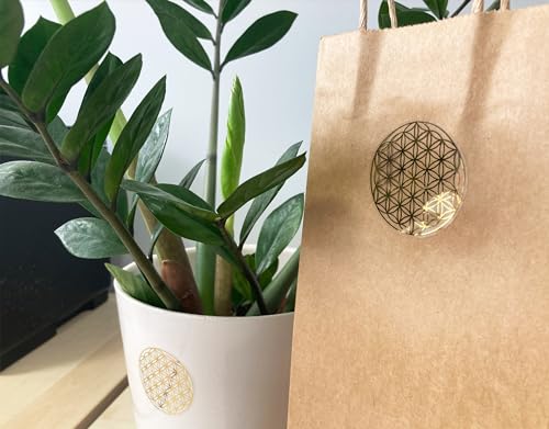 PROlac – Blume des Lebens Sticker – 500 Stück auf Rolle – Etiketten Selbstklebend perfekt zum Dekorieren – 50x50mm Blume des Lebens Aufkleber mit glänzender Metallfolie - (Transparent/Gold)