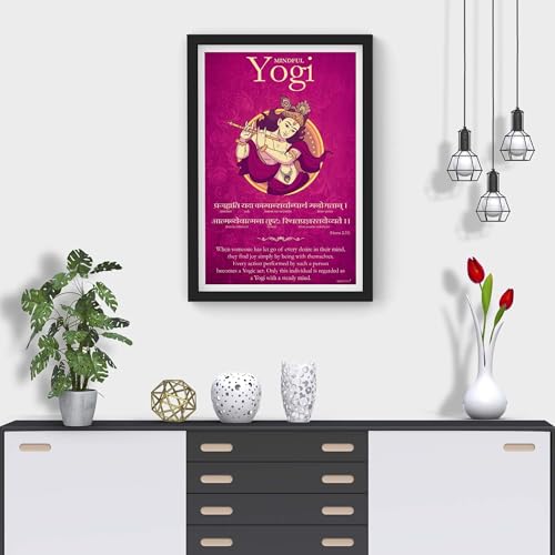 Image of Sanjeev Newar Bhagavad Gita Wall Art, Who is true Yogi, Sanskrit Wall Art, Lord Krishna Art, Inspiring Sanskrit Verse, (Multicolor, Frame size: 13 x 19 inches, Frame Color: Black)