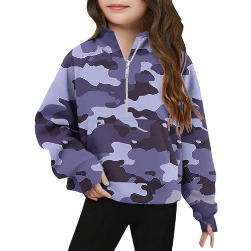 Girls Camo Sweatshirts Fashion Casual Half Zip Pullover Long Sleeve Thumb Holes Cute Sweatshirt with Pocket