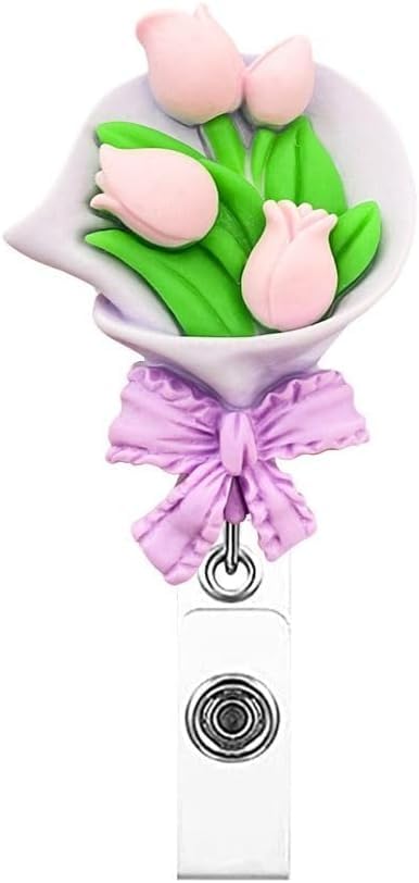 Flower Retractable Badge Reel, Colorful Flower ID Badge Holder, Name Card Holder Keys Lanyard ID Card Clips for Office School