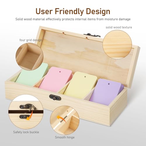 VILLCASE 2er Set Karteikasten Holz, A8 Karteikarten Box mit Deckel & Metallverschluss, Vokabelbox 4 Fächer, Lernkarteibox Karteikartenbox für Büro, Schule & Kleinteile Aufbewahrung (25x9,5x6,5 cm)