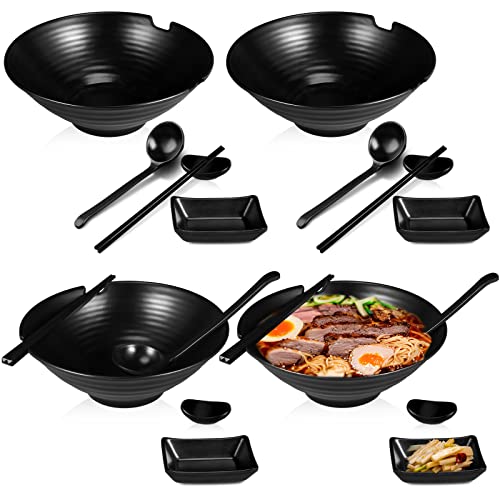 Image of Didaey 4 Sets Japanese Ramen Bowl Set 37 oz Black Large Ramen Noodle Bowl Asian Chinese Korean Miso Soup Bowl with Spoons Chopsticks Saucers and Chopsticks Holders for Pho Udon Thai Soba