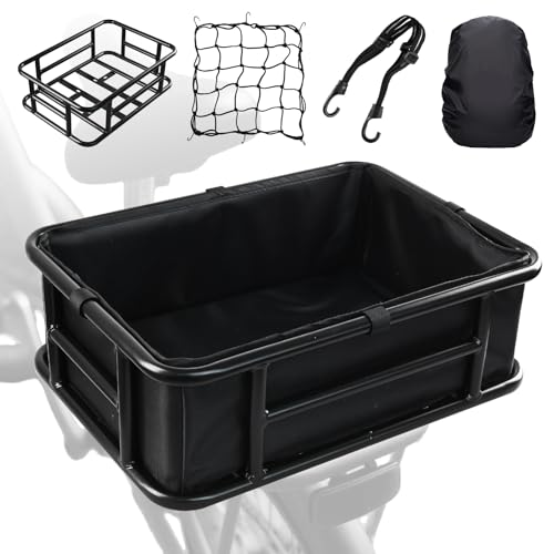 Rear Basket With Liner, Cargo Net And Waterproof Cover, Bike Baskets Rear Bike Back Baskets Bicycle Baskets (18 * 13 * 5.9)