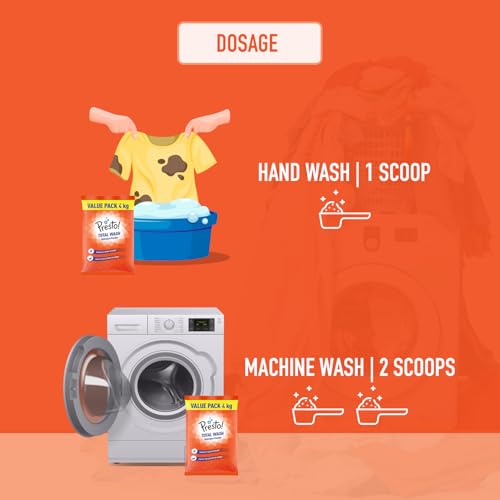 Image of Amazon Brand - Presto! Total Wash Detergent Powder | 8 Kg | 4 Kg X 2 Packs | Tough On Stains | Safe And Gentle On Fabrics | Refreshing Fragrance | Machine And Hand Wash | Bleach-Free Washing Powder